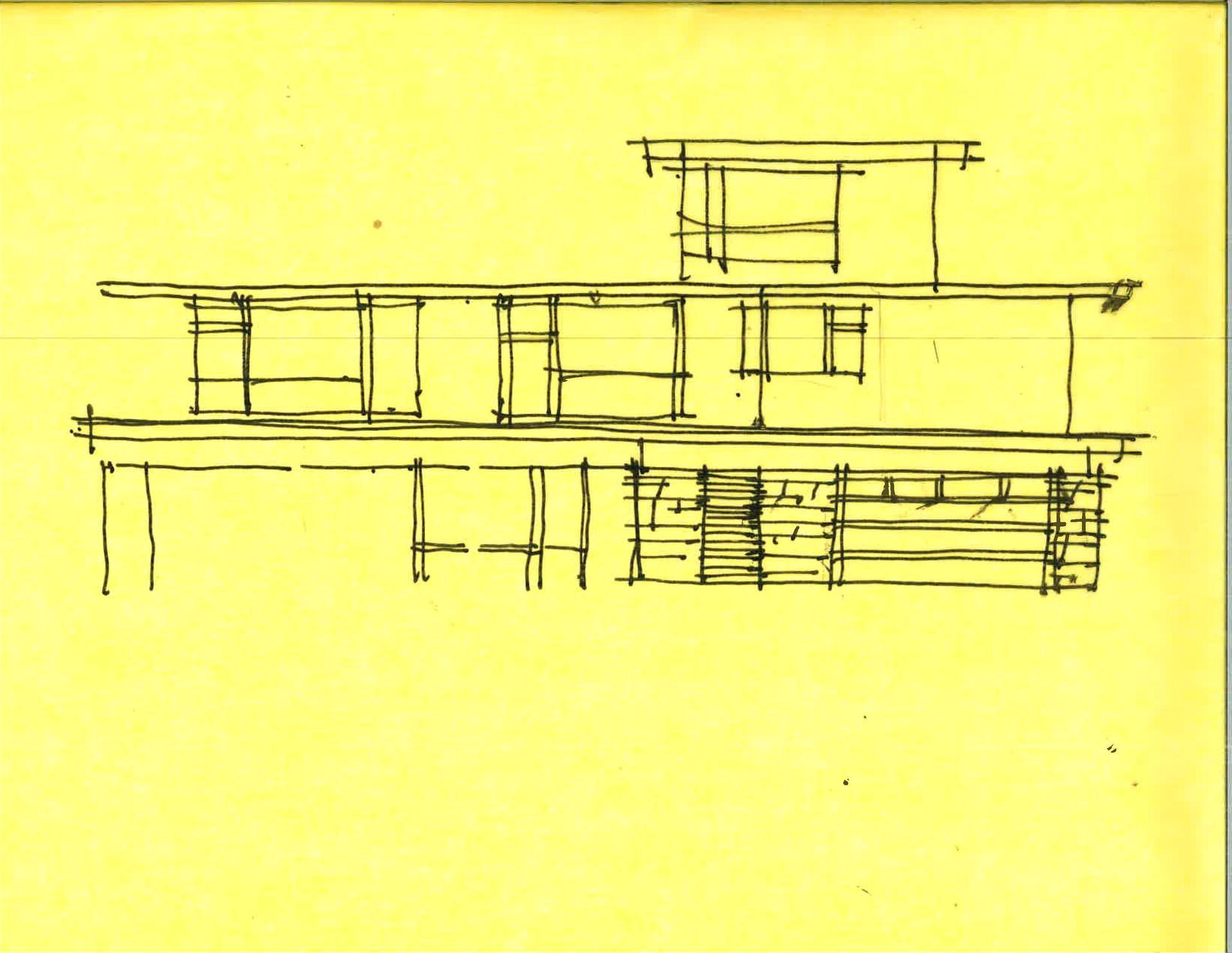 A black ink sketch of a modern, two-story house with a flat roof and large windows on a bright yellow background.
