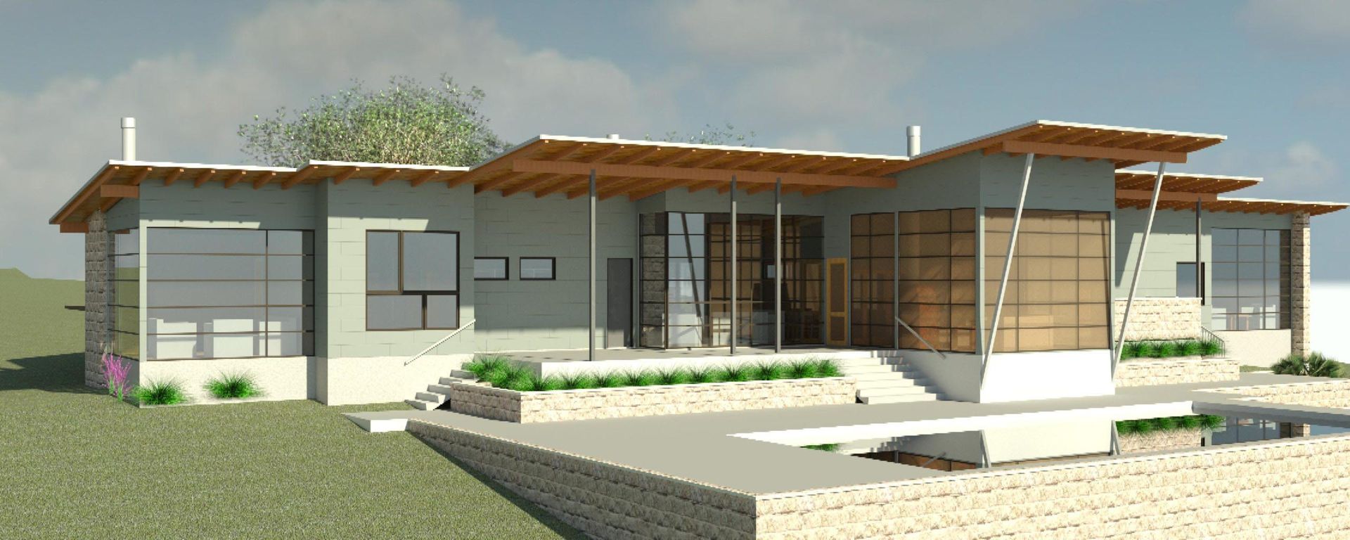 Modern house with large windows, light gray walls, and a flat roof with wooden accents.