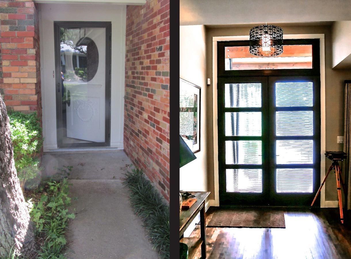 Left: Exterior door with oval glass. Right: Modern double doors with glass panels.
