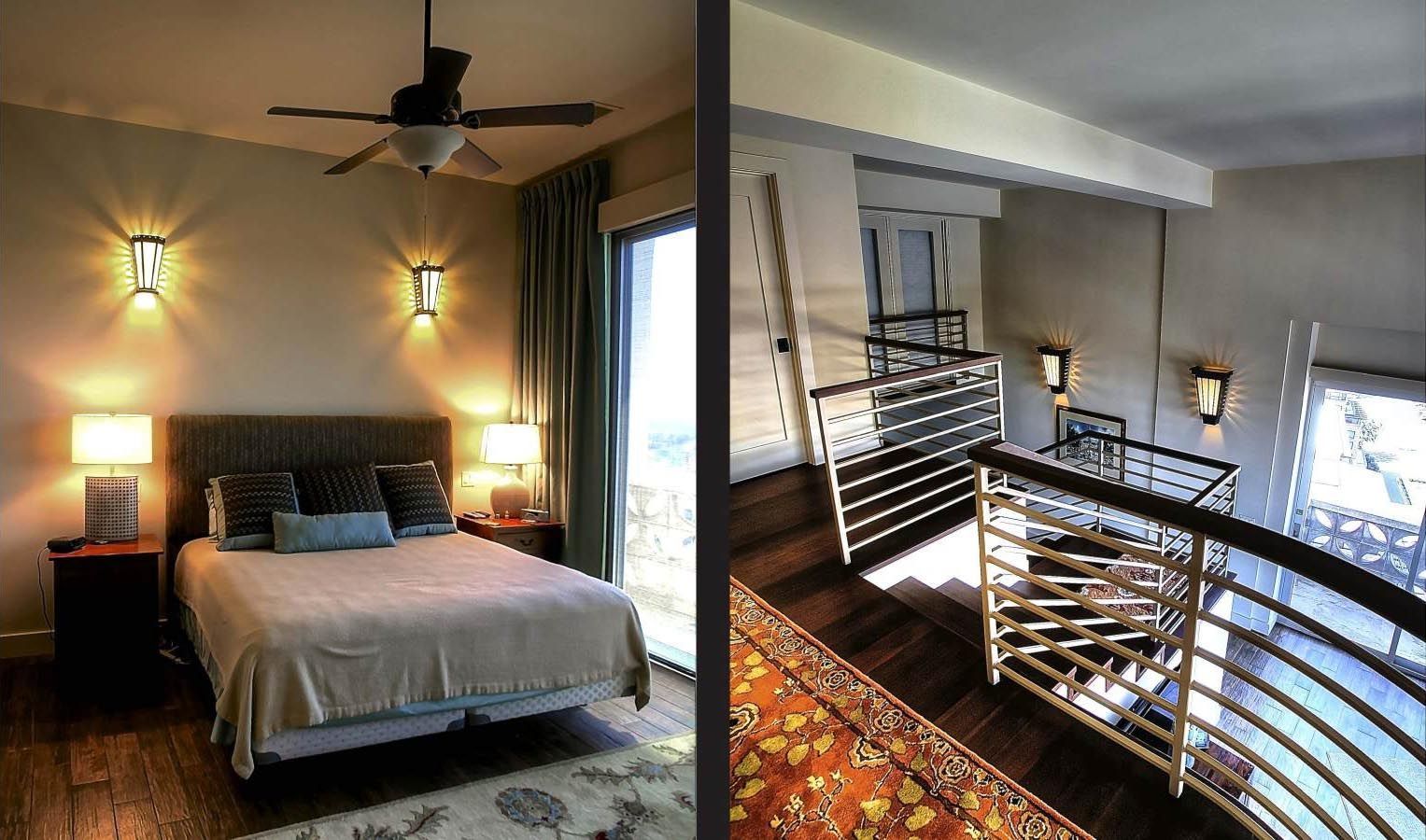 Bedroom with bed, nightstands, and wall sconces. Loft view with railing and decorative rug.