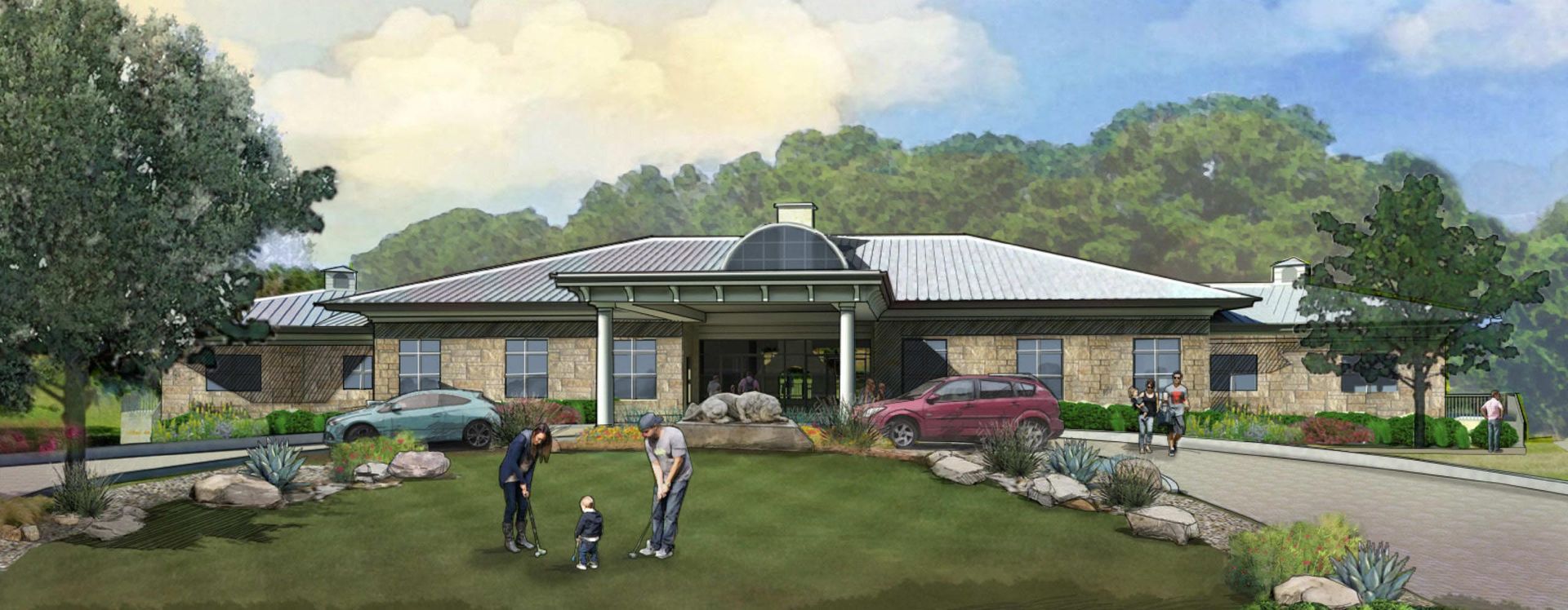 A family playing golf on a grassy lawn in front of a stone building with cars parked nearby.