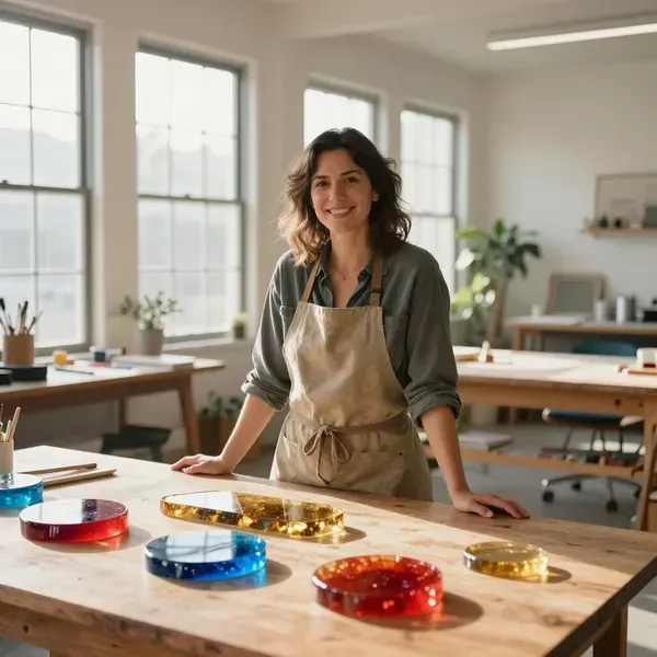 Woman in an art studio smiling behind a table with colorful glass pieces and tools