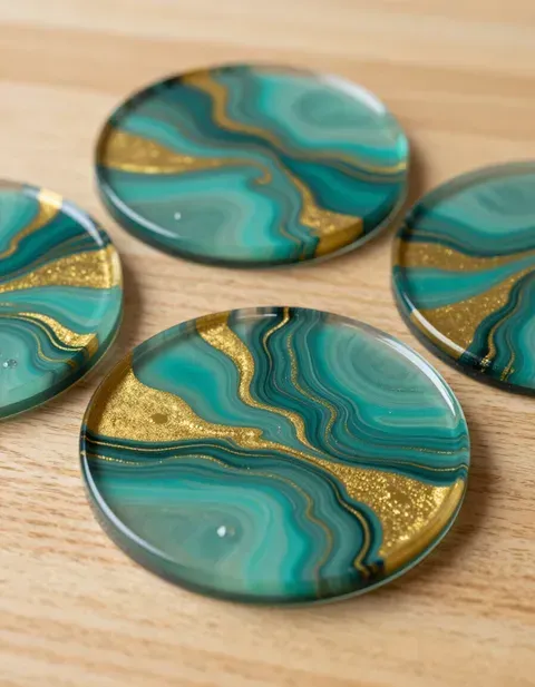 Four teal and gold marbled resin coasters on a wooden surface