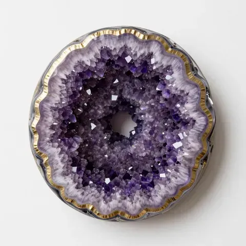 Purple crystal geode slice with a gold-edged rim, centered on a white background