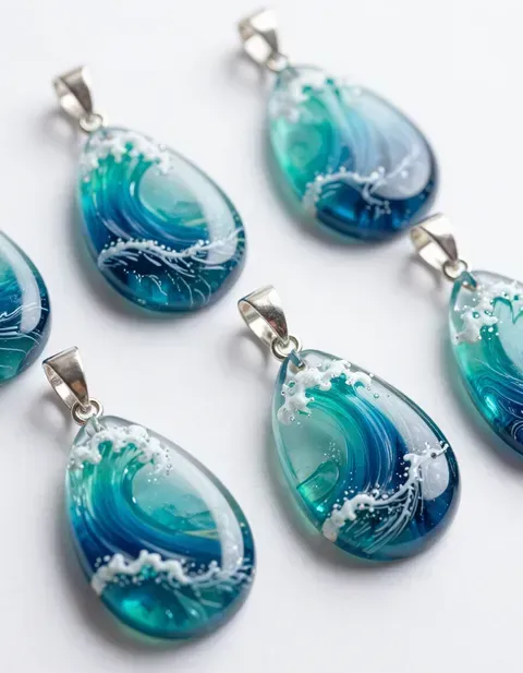 Blue-green wave pendant charms with silver bails, arranged on a white background