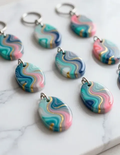 Colorful wavy resin teardrop keychains with silver rings on a white marble surface