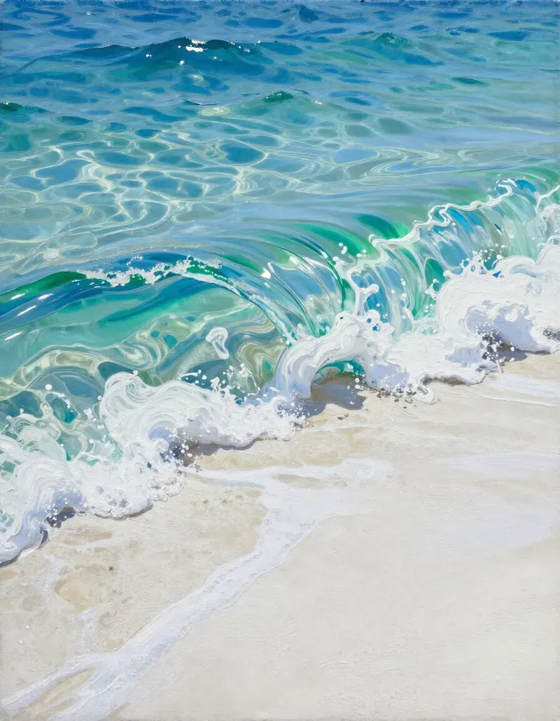 Turquoise waves washing onto a white sandy beach under clear sunlight