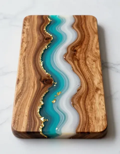 Resin and wood serving board with turquoise wave-like inlay and gold flecks