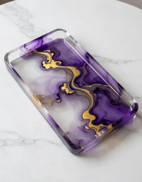 Purple marble-pattern phone case with gold swirls on a light background