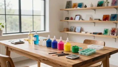 Wooden table with colorful paint bottles and craft supplies in a bright art studio