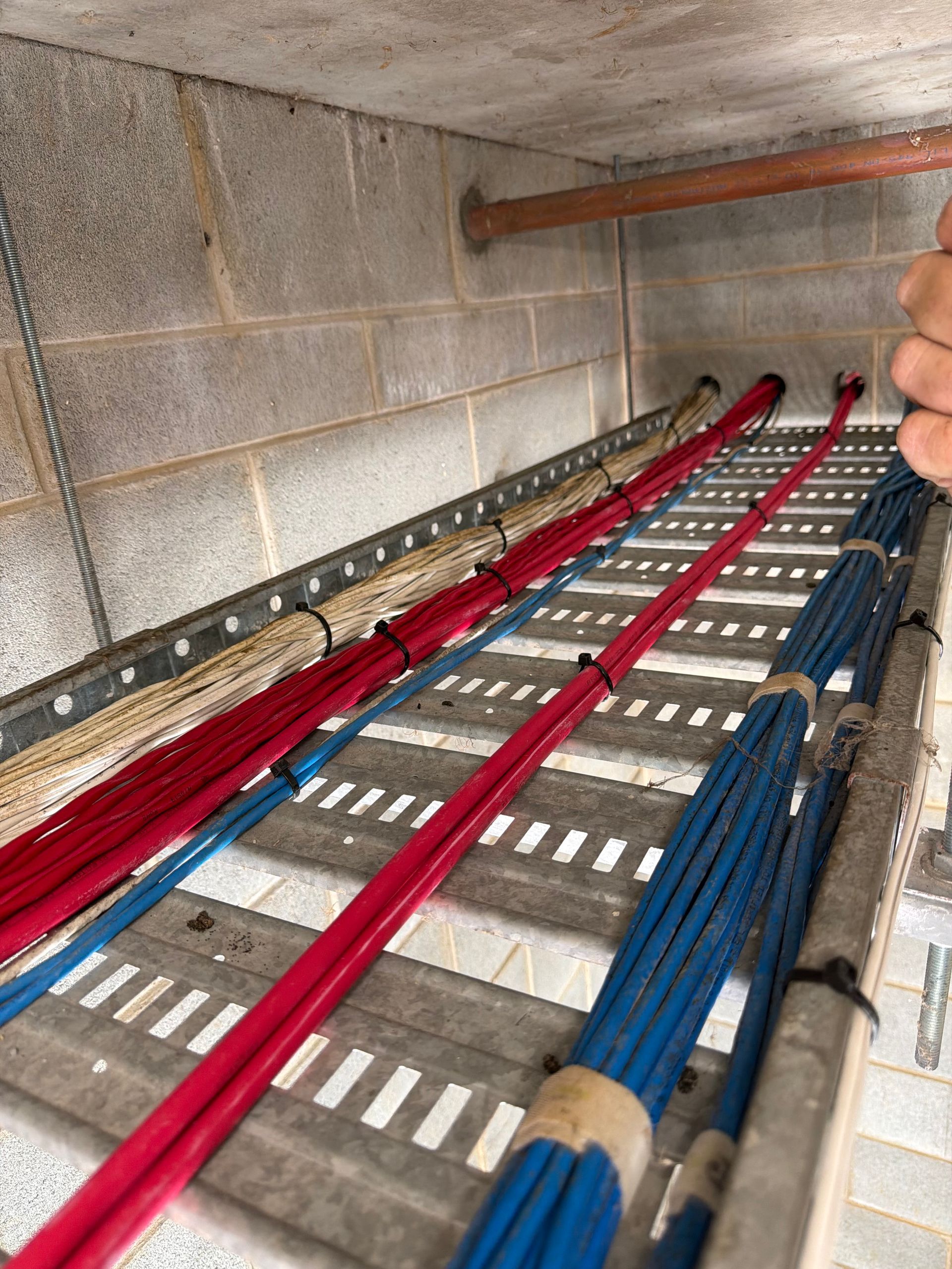 Colour-coded Cables Routed Along a Cinder Block Wall Inside a Utility Crawlspace — Flaming North Fire Protection Pty Ltd in Garbutt, QLD