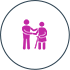 A purple icon of two people shaking hands in a circle.