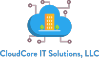 CloudCore IT Solutions, LLC logo with blue cloud, yellow building, and circuit lines