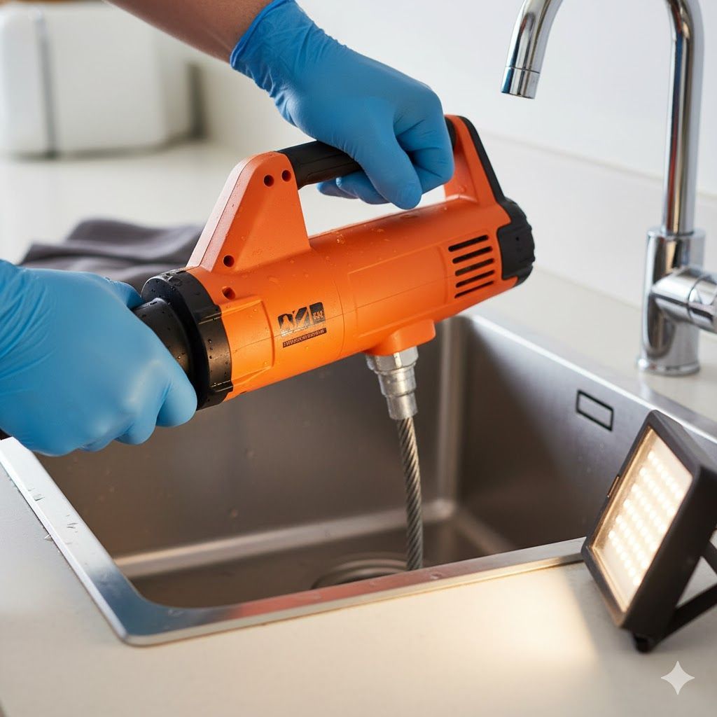 Person in blue gloves using an orange drain snake in a stainless steel sink to unclog a drain.
