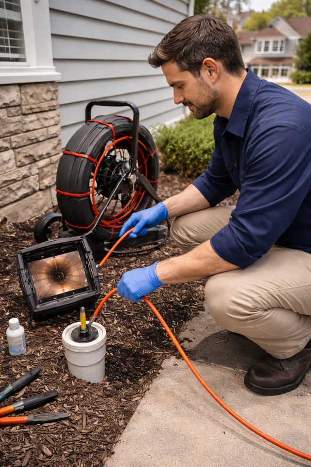 Man inspecting a sewer line with a camera, outdoors near a house, wearing blue gloves.