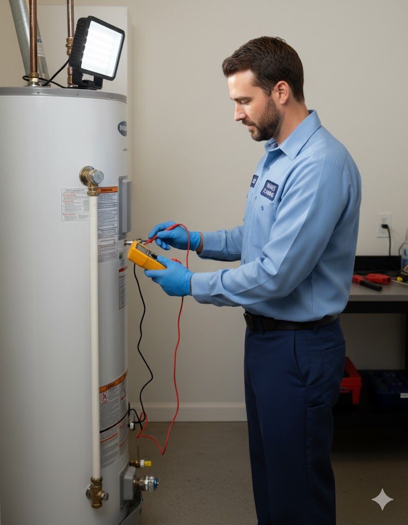 Plumber testing a water heater with a multimeter in a utility room. He wears a blue uniform and gloves.