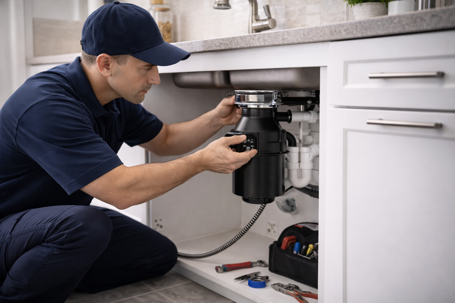 Plumber installs a garbage disposal under a kitchen sink.