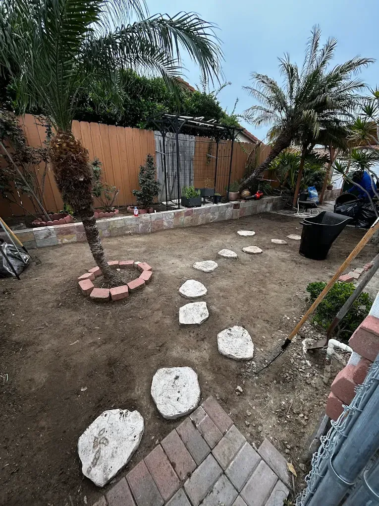 Backyard garden path with stepping stones, palm trees, and a paved patio beside a wooden fence.