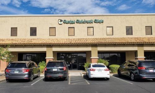 A beige commercial building with