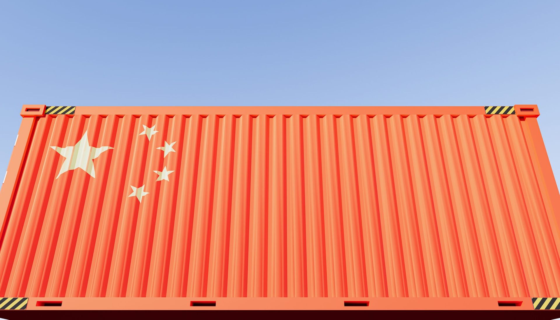 Red shipping container with a Chinese flag painted on the top left corner