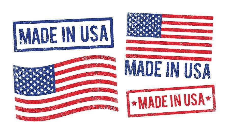 Assorted blue and red “Made in USA” stamps with American flag graphics.