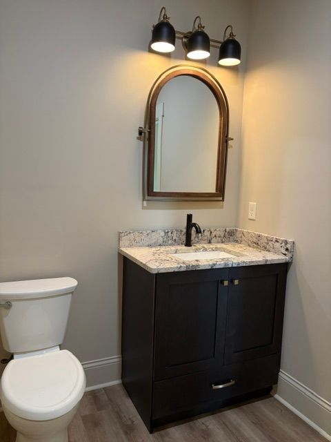 Small bathroom with toilet, dark vanity, arched mirror, and three-bulb light above a marble countertop.