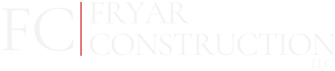 Logo for Fryar Construction, in light gray font on white background, with thin maroon line.