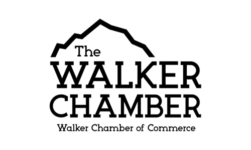 Logo for The Walker Chamber of Commerce: black text, mountain graphic. 