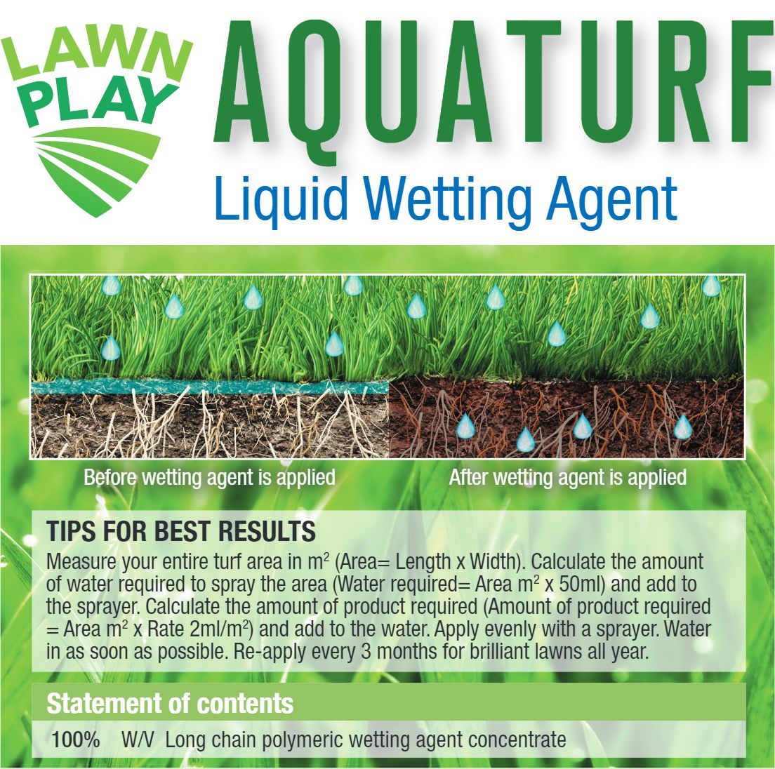 Aquaturf Liquid Wetting Agent Lawn Care Label with Grass — Tweed Landscape Supplies in Tweed Heads, NSW