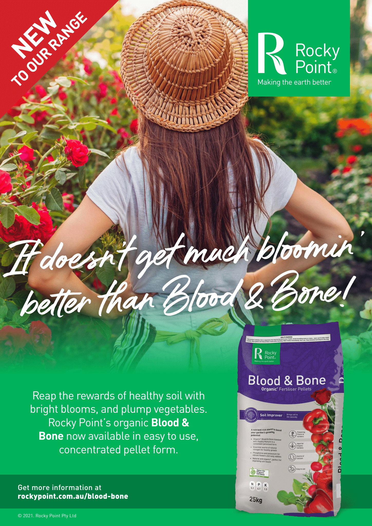 Poster for Blood & Bone Fertilizer with Straw Hat Woman in A Flower Garden and Product Bag — Tweed Landscape Supplies in Tweed Heads, NSW