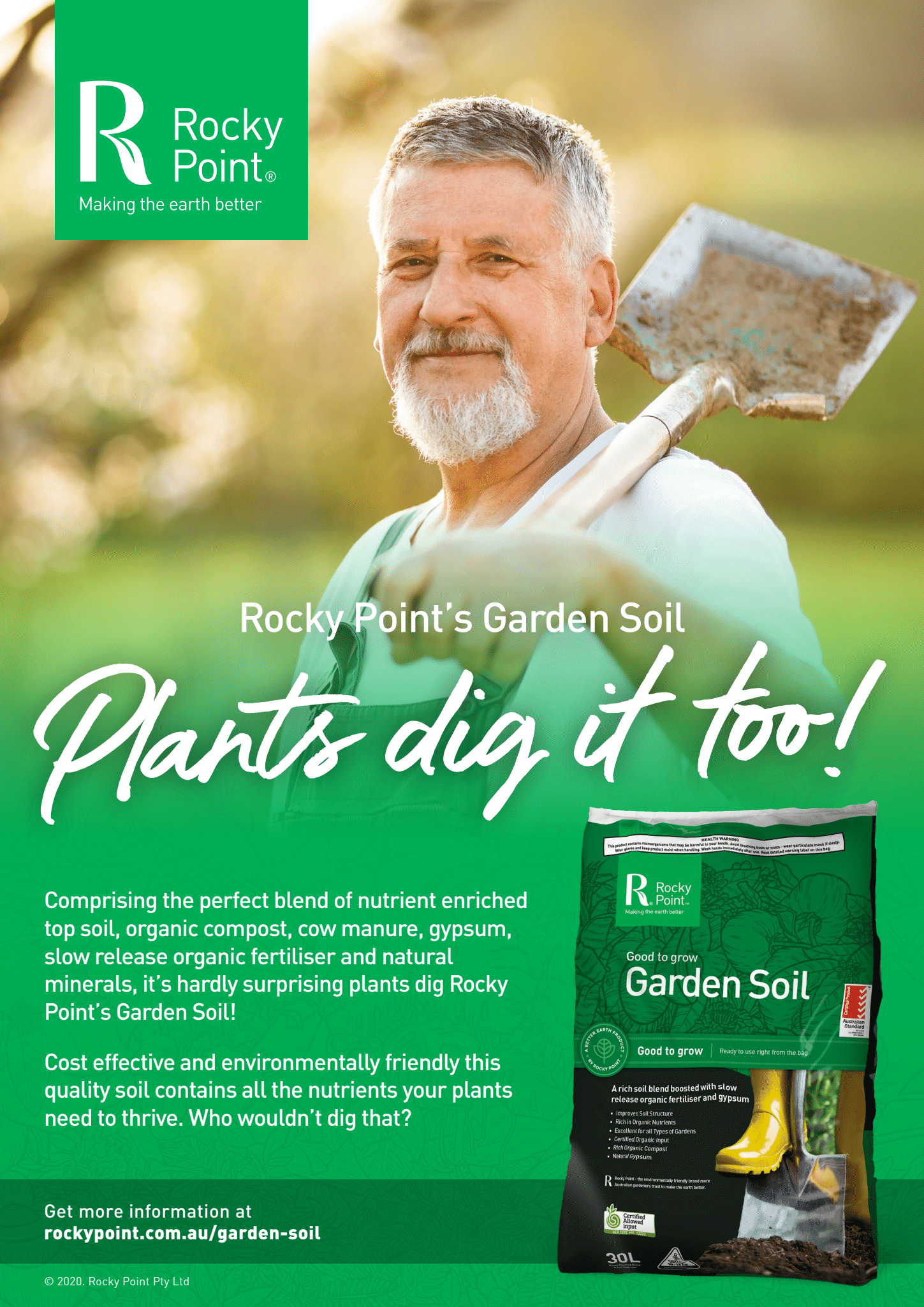 Rocky Point Garden Soil Ad with Smiling Gardener and Bag — Tweed Landscape Supplies in Tweed Heads, NSW
