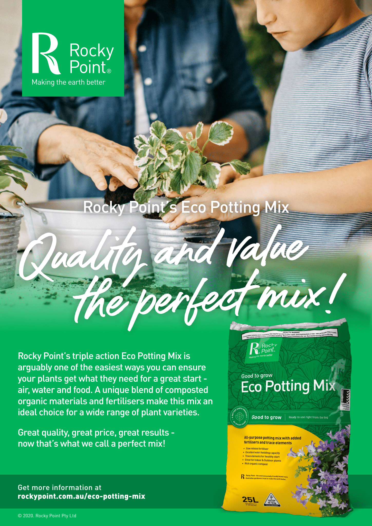 Rocky Point Potting Mix Ad with Hands Planting Seedlings and Green-Yellow Fertilizer Bags — Tweed Landscape Supplies in Tweed Heads, NSW