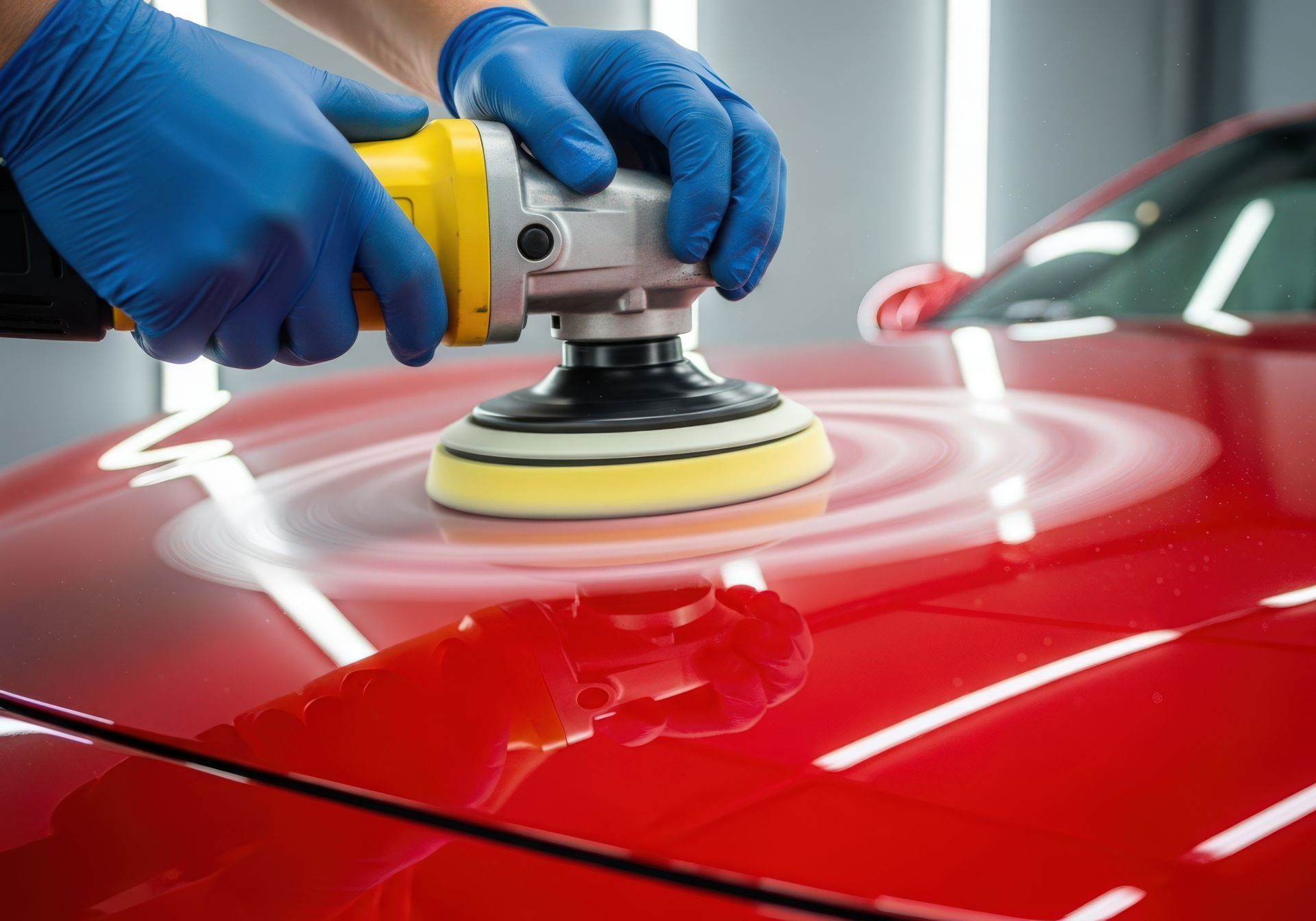 Gloved hands polishing a red car hood with a buffer in a workshop
