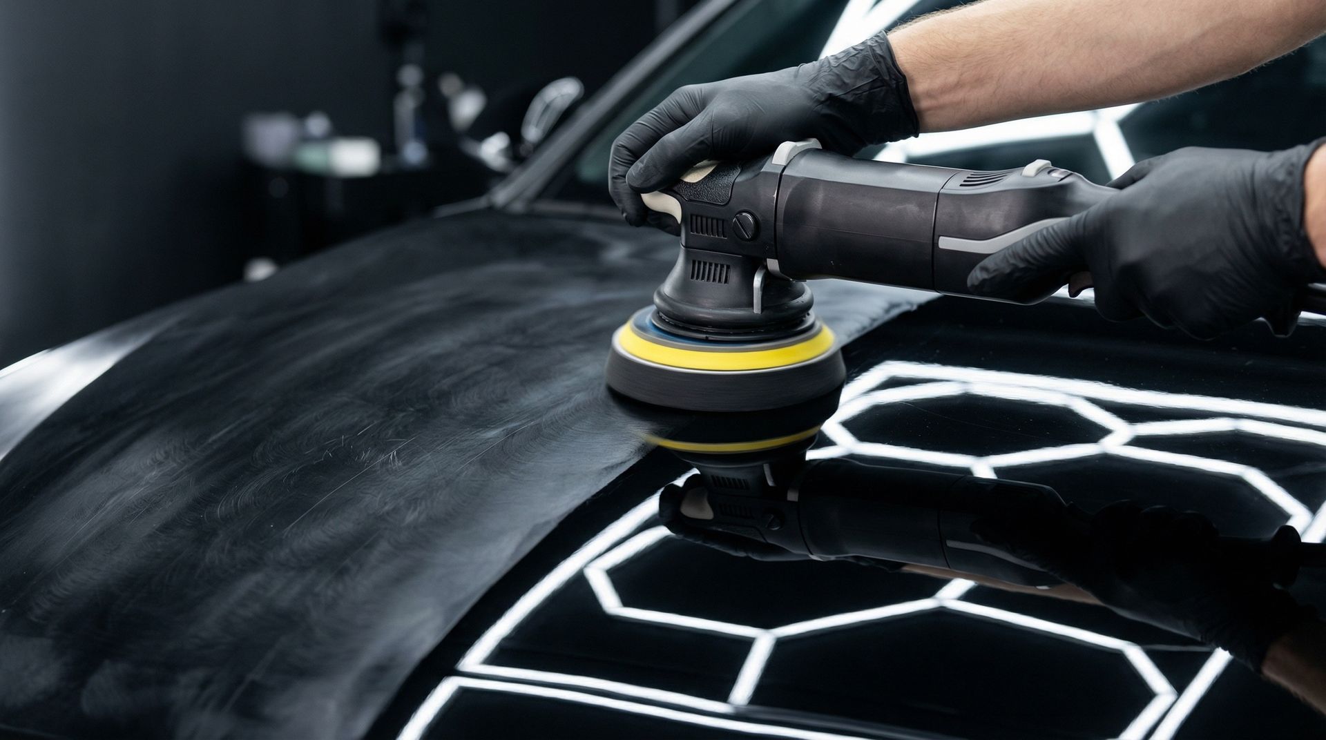 Car detailer polishing a black car hood with a rotary buffer, creating glossy reflections