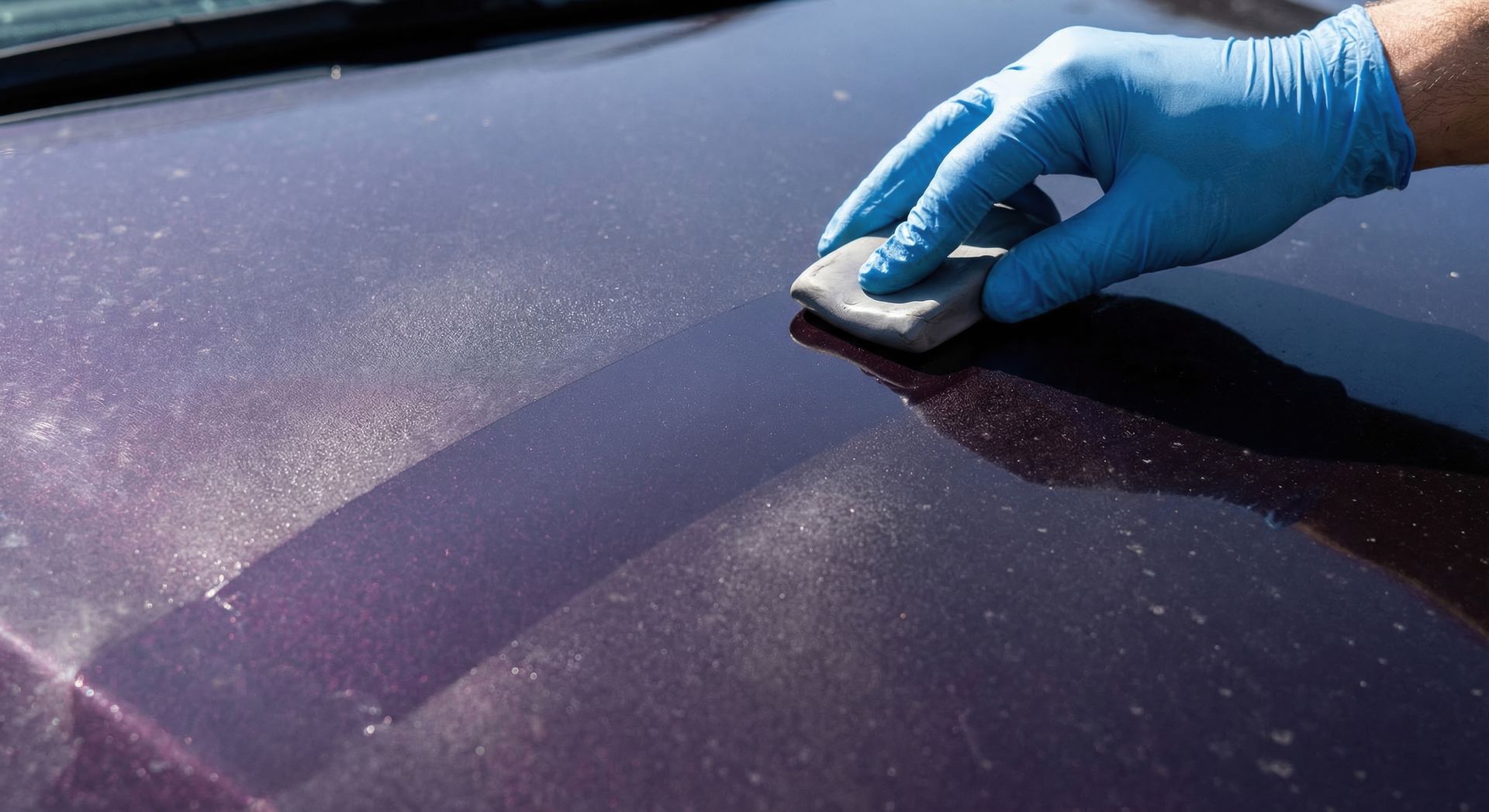 Gloved hand polishing a dark car hood with a cloth, showing a glossy reflection