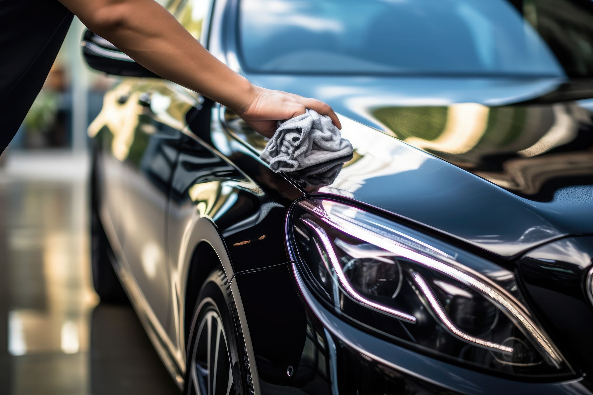 Person cleaning a black car’s hood with a cloth in sunlight