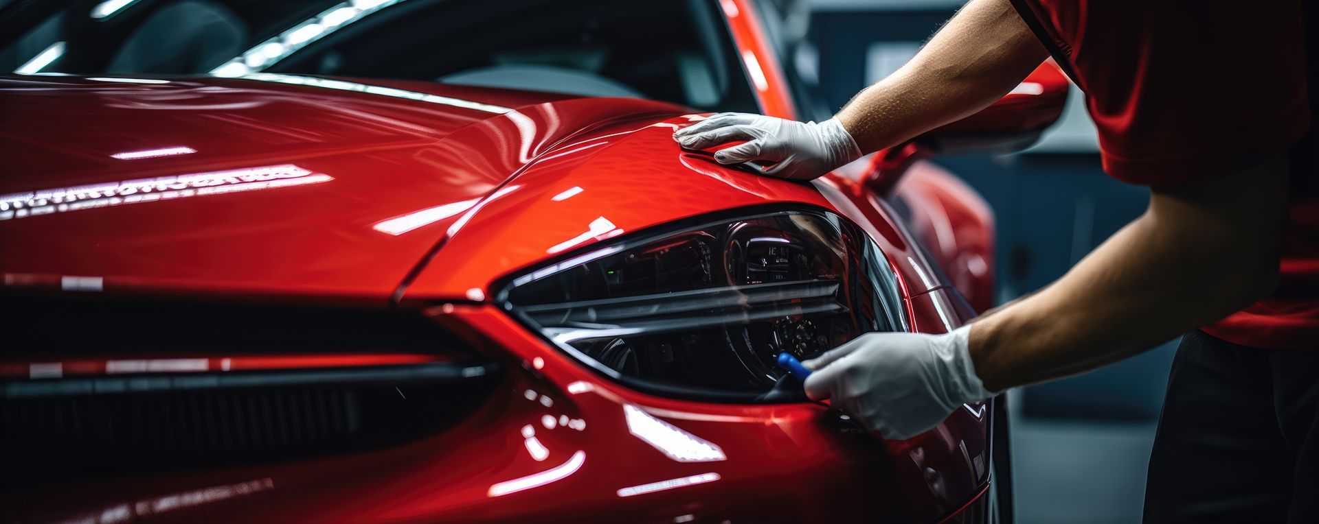 Detailing a red sports car as a gloved person polishes the headlight in a garage