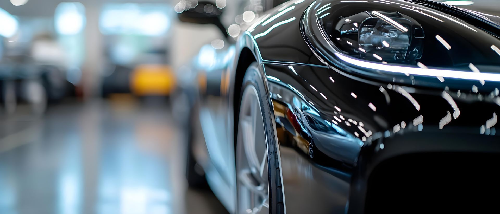 Sleek black sports car in a showroom with blurred cars and bright lights in the background