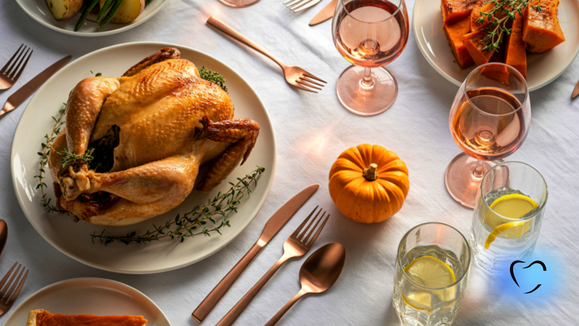 A holiday table setting featuring a roasted chicken, pumpkin, glasses of wine, and silverware on a white tablecloth.