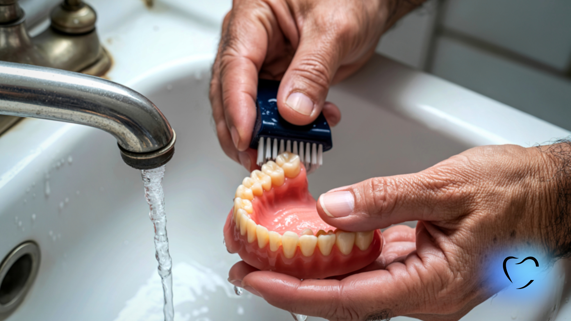 Hands cleaning a set of dentures with a brush over a bathroom sink with a running faucet.