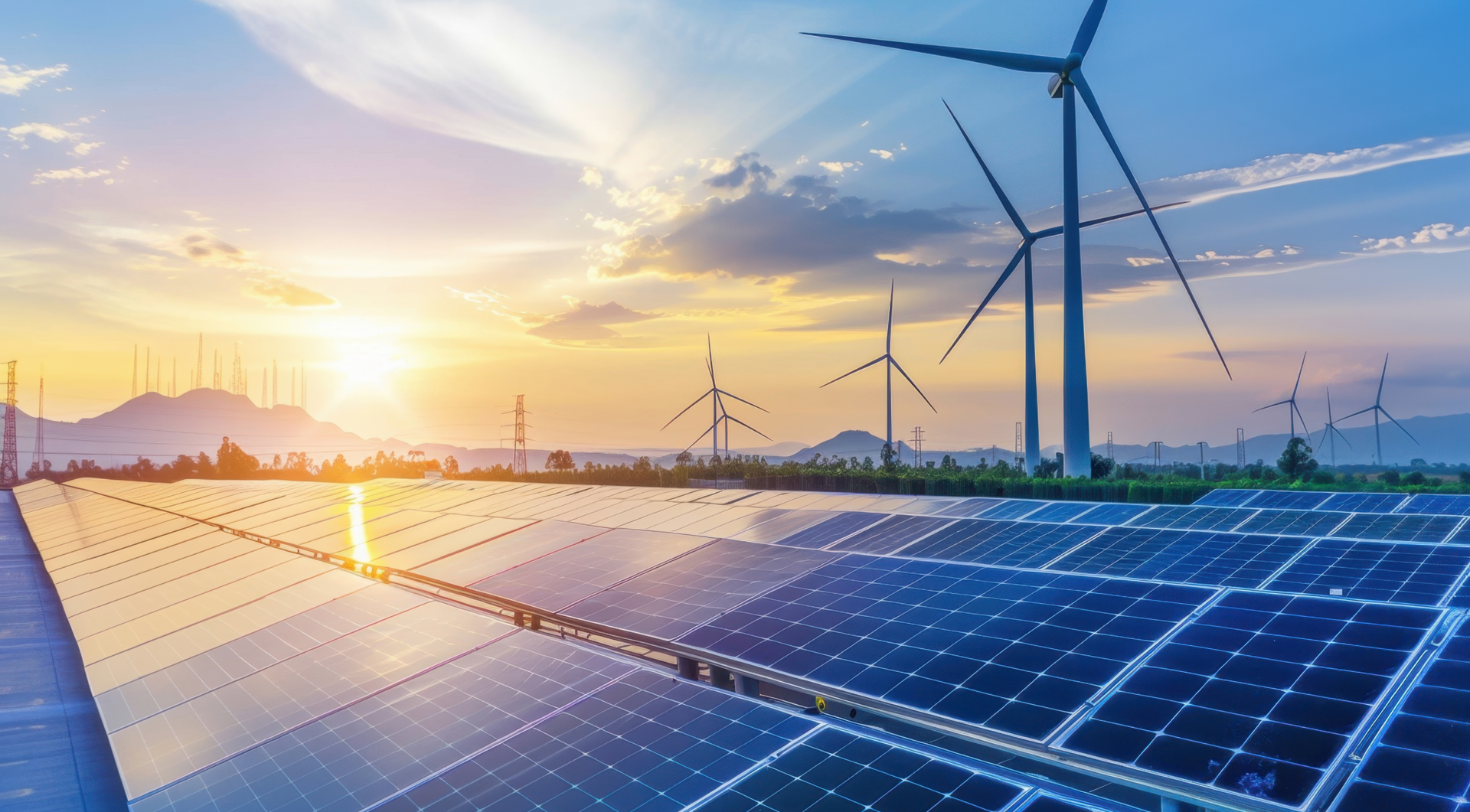A field of solar panels and wind turbines at sunset.