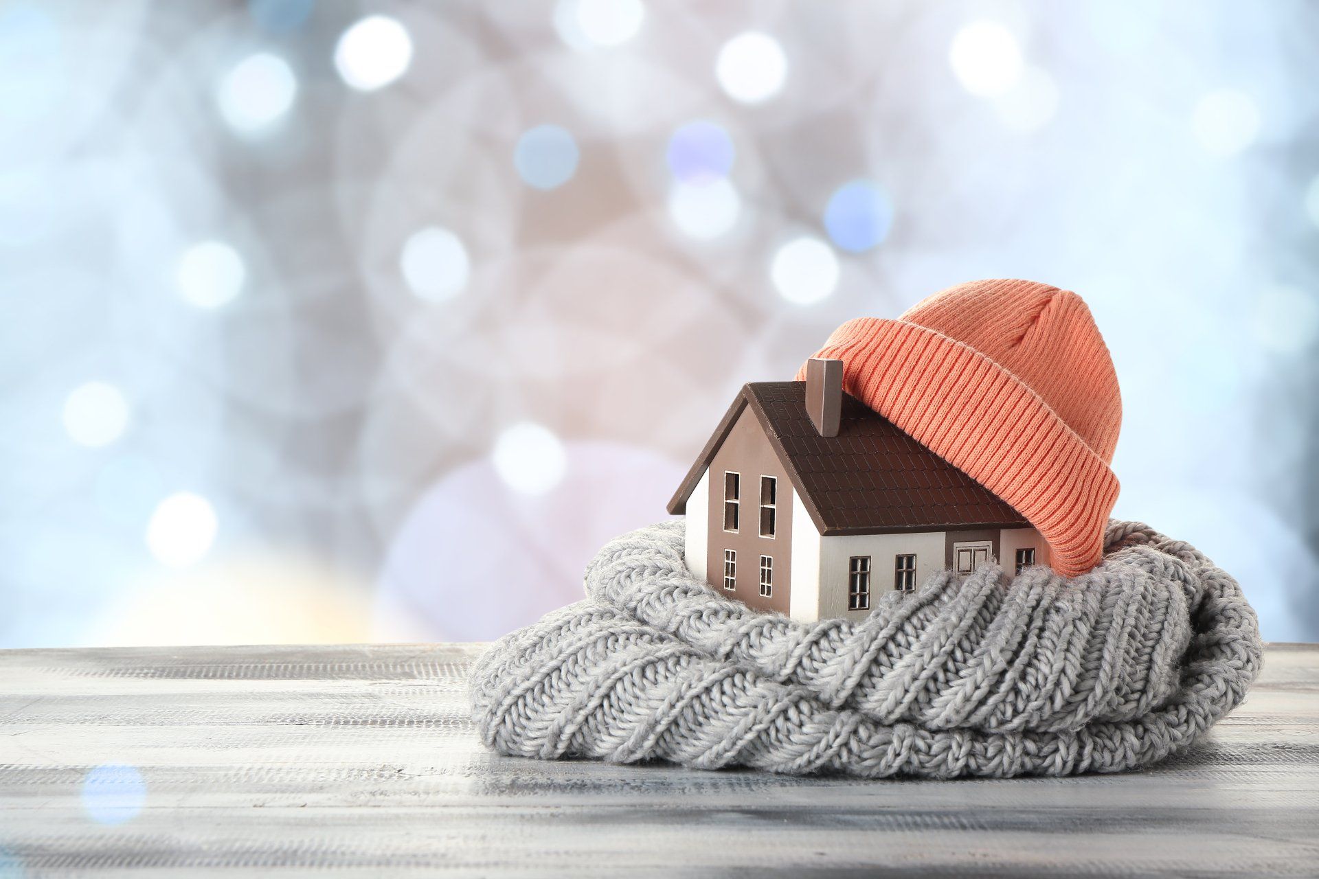 Maison de jouets avec un bonnet orange en tricot posée sur une écharpe grise, sur un fond flou d'arrière-plan.