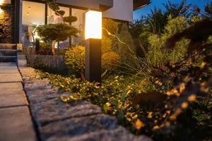 A lamp post in a garden next to a house at night.