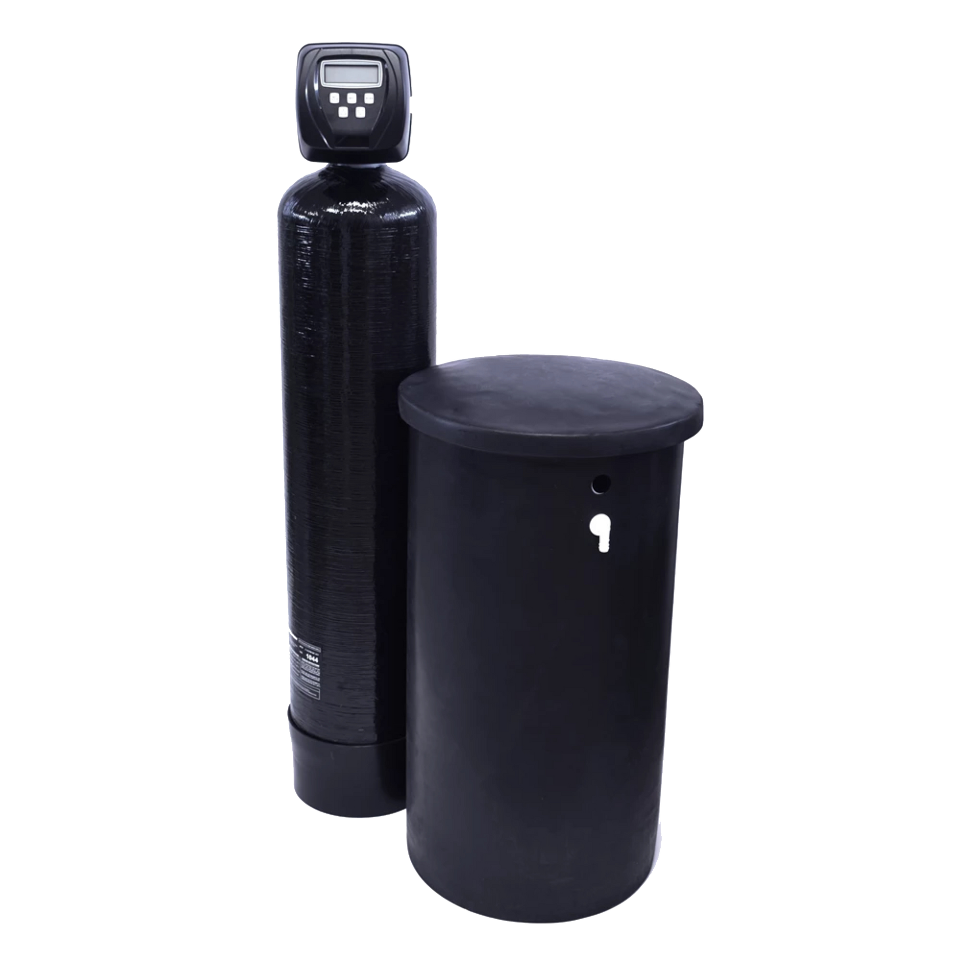 A black water softener is sitting next to a black tank.