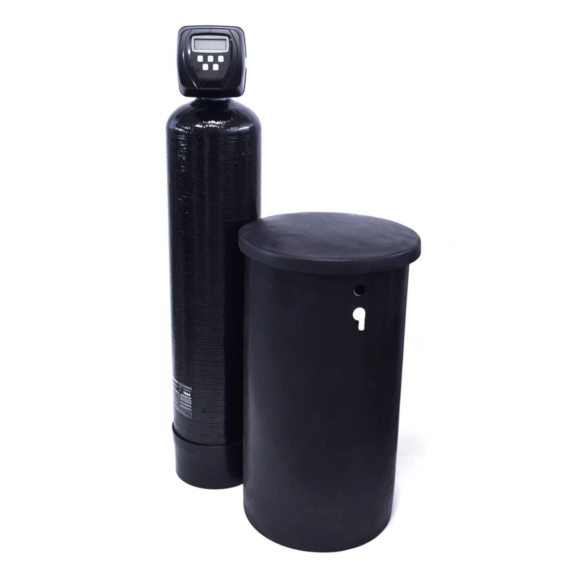 A black water softener is sitting next to a black tank.