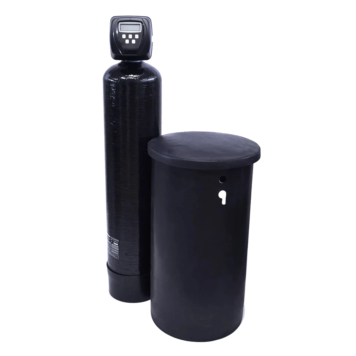 A black water softener is sitting next to a black tank.