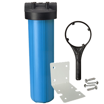 A blue water filter with a wrench and screws