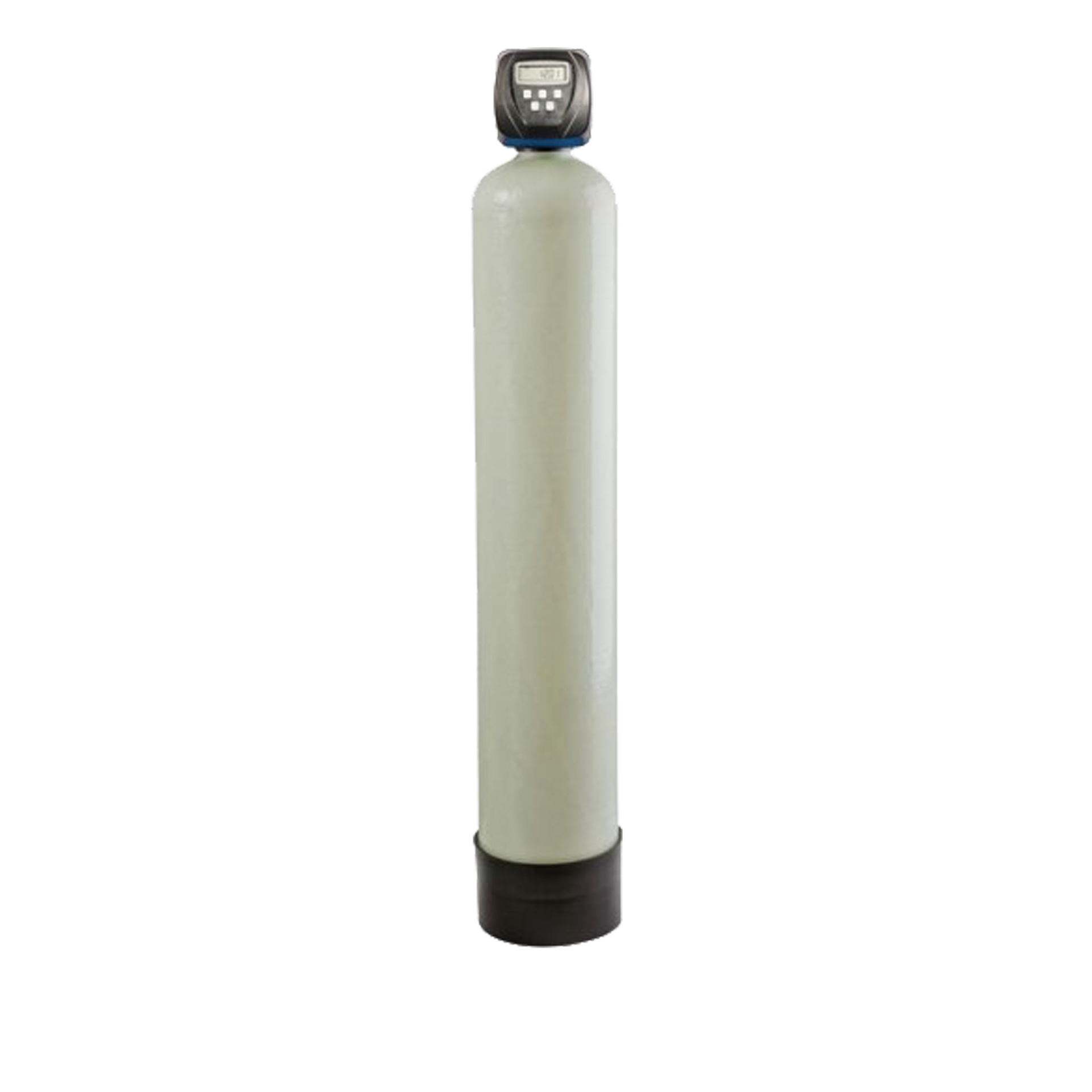 A white water filter with a black base on a white background.