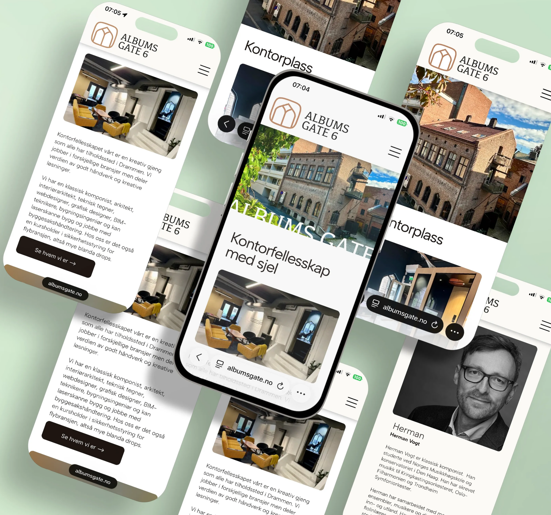 Collage of a mobile app UI with multiple phone screens showing architecture photos and article-style content