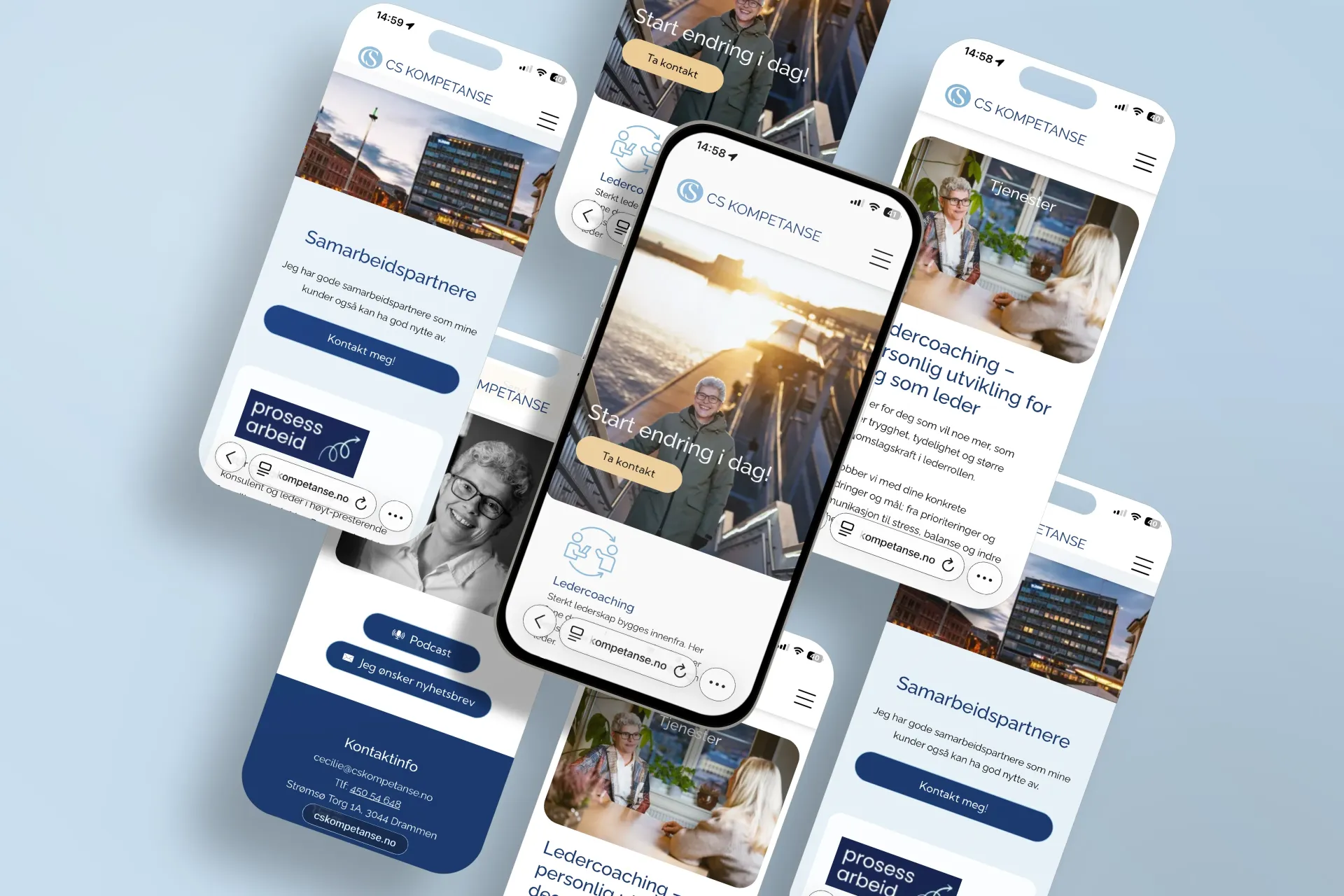 Smarttelefoner med appgrensesnitt; bybilde og interiørbilder i lyseblå omgivelser.